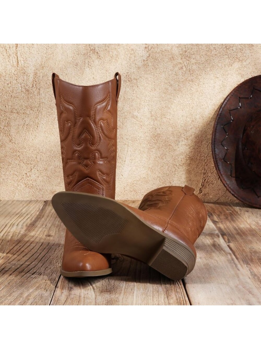 DREAM PAIRS Women's Tan Faux Leather Mid-Calf Classic Comfort Cowboy Boots - Picture 5 of 6